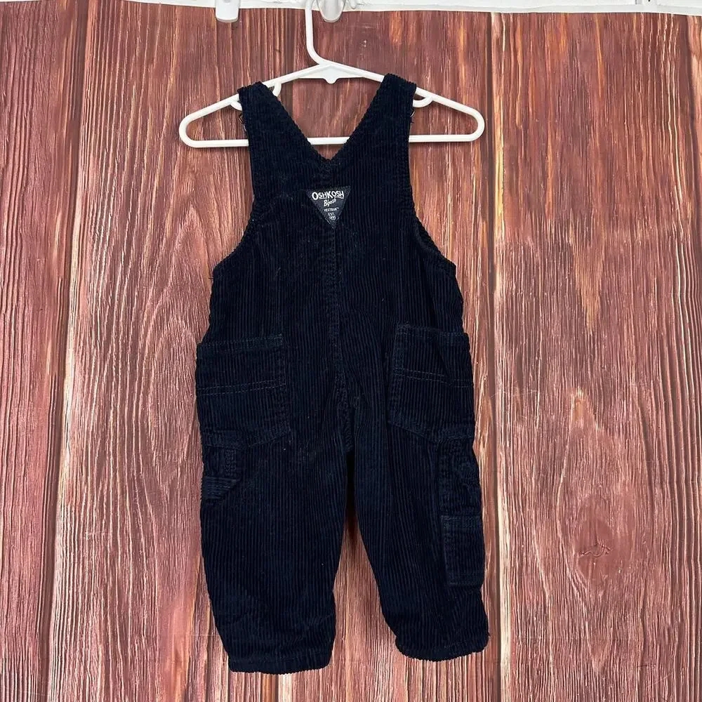 OshKosh B'gosh Baby Overalls 6M Corduroy Navy Blue Adjustable Straps Plaid Lined
